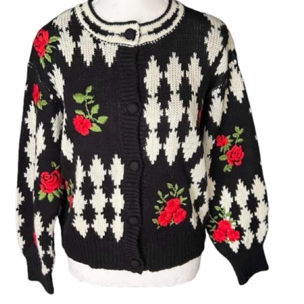 Cardigan See and Be Seen Embroidered Floral Cardigan Knit Sweater Roses Red Boho